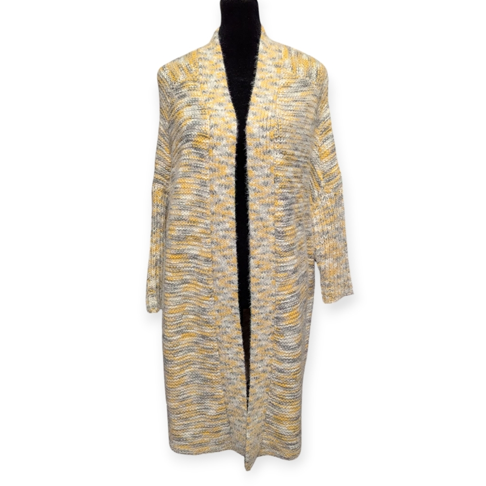 Adorable Knit Long Open Front Cardigan Sweater Yellow Gray